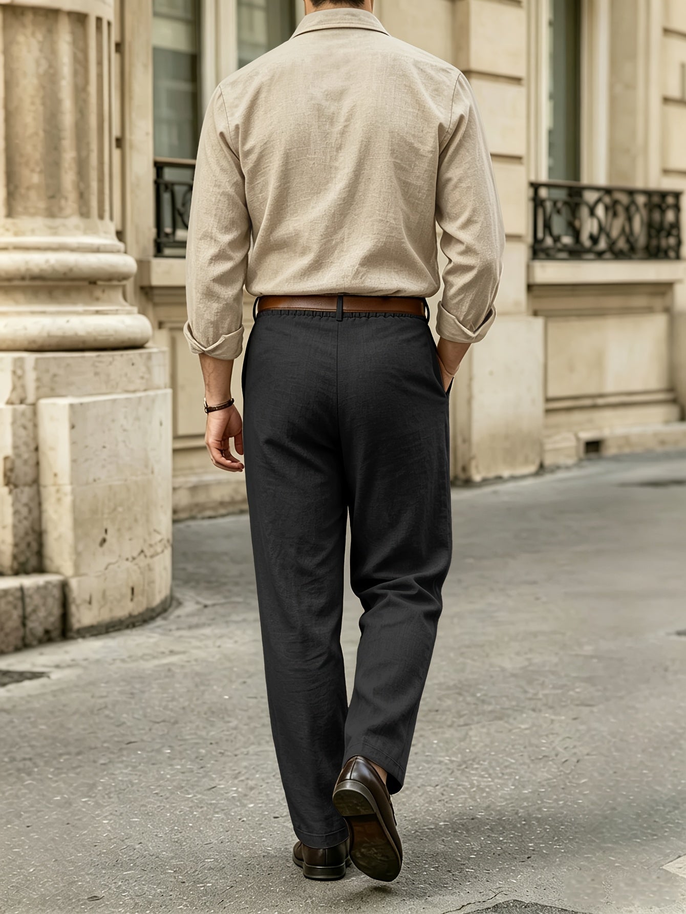 Men's Casual Linen Lapel Shirt & Buckle Pants Set for Spring/Fall