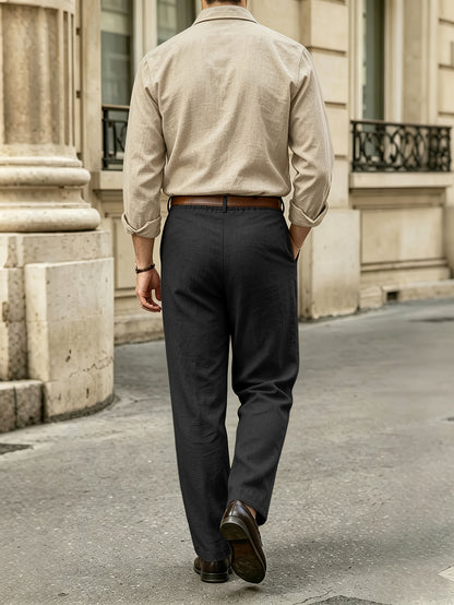 Men's Casual Linen Lapel Shirt & Buckle Pants Set for Spring/Fall