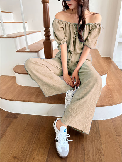 Women's Summer Solid Color Off-Shoulder Puff Sleeve Crop Top and Loose Wide-Leg Pants Two-Piece Set