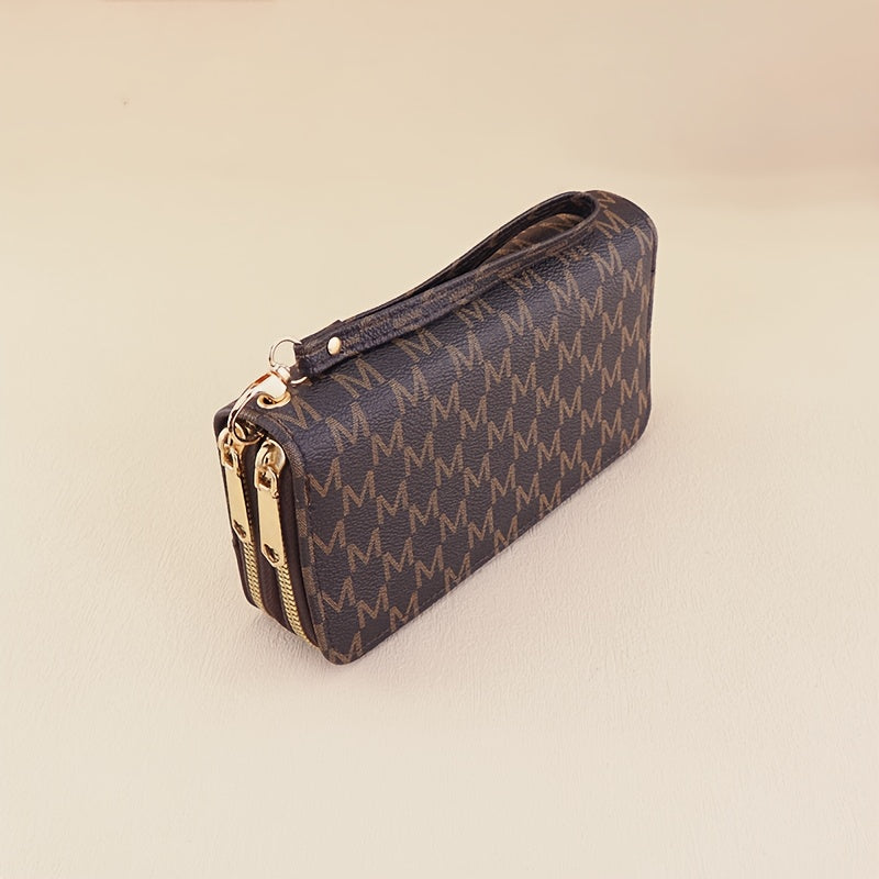 Women'S Elegant Patchwork Wallet & Wristlet Clutch - Large Capacity Double-Zip Coin Purse with Golden-Tone M-Logo, Golden-Tone Hardware & Wrist Strap