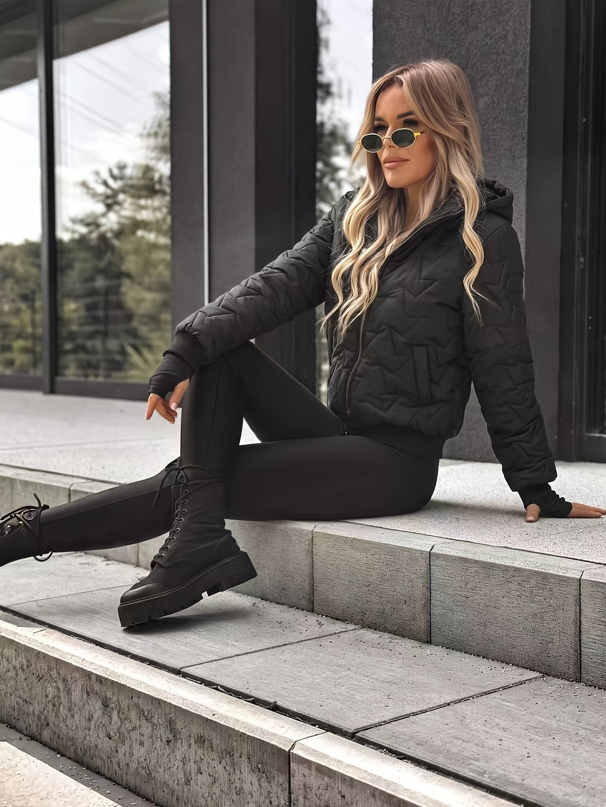 Women's Short Quilted Hooded Jacket with Ribbed Cuffs