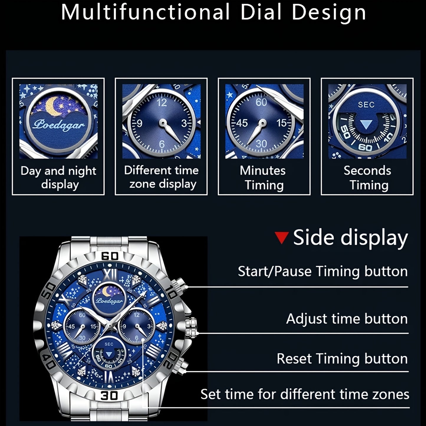 POEDAGAR Men's Casual Stainless Steel Quartz Watch with Calendar