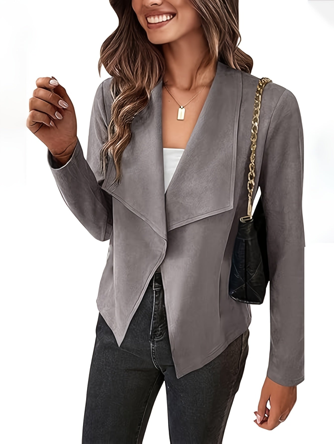 Plus Size, Olive Green Faux Fur Lapel Blazer - Stretchy Polyester Casual Jacket with Golden-Tone Chain Strap Shoulder Bag, Machine Washable Fall/Winter Outerwear for Women