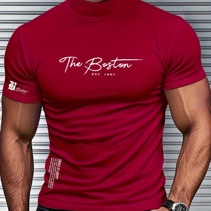 Men's Slim Fit Breathable Moisture-Wicking Short Sleeve T-Shirt - Lightweight All-Season Small Stand-Up Collar Tee with Boston Letter Print for Gym, Outdoor  Casual Wear, Active Lifestyle, Modern Design, Durable Construction