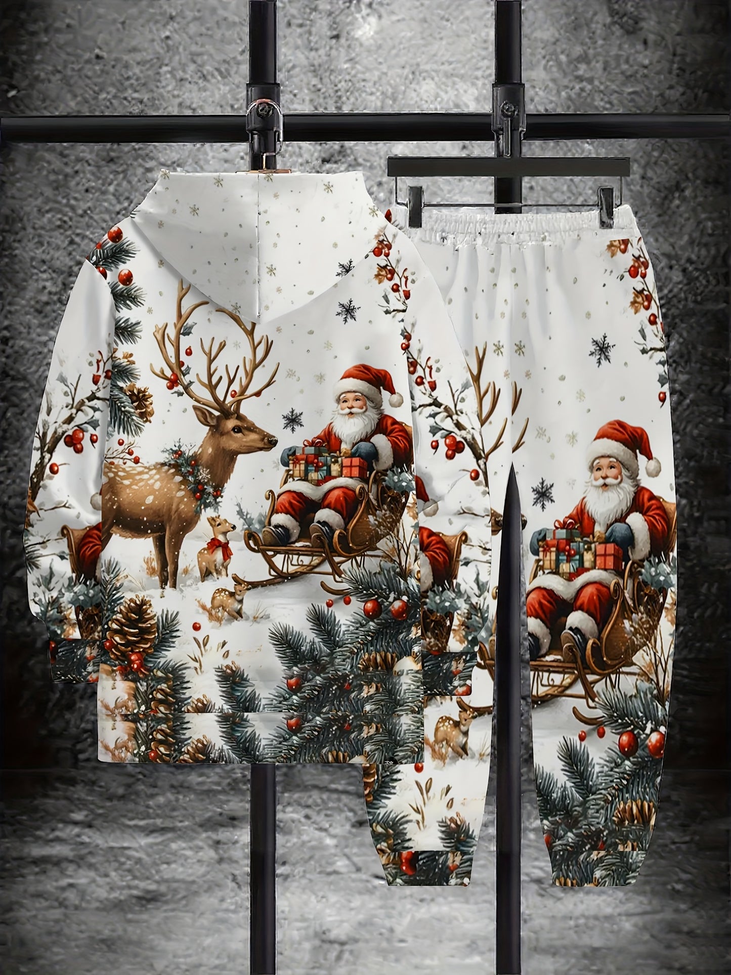 Christmas Theme Sweatshirt Set, Hooded Long-Sleeve and Pants Casual Outfit - Perfect for Holidays & Family Gatherings