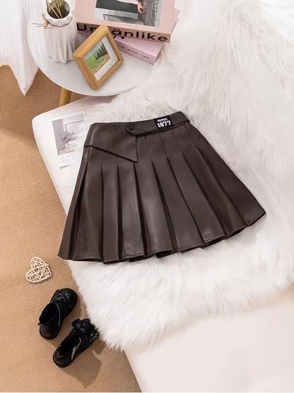 Girls' Preppy A-Line Cotton Pleated Skirt with Belt, Black