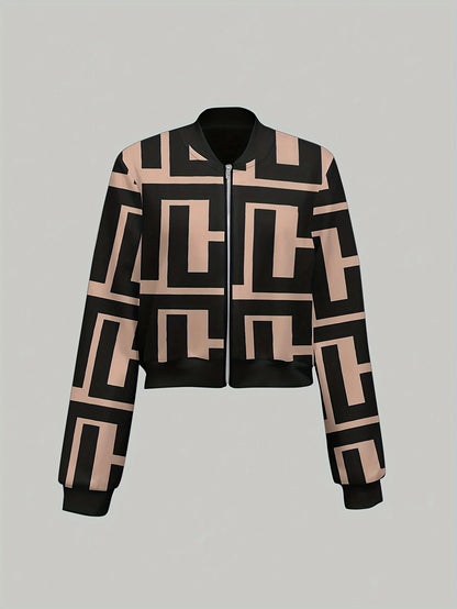 Women's Lightweight Geometric Print Zip-Up Bomber Jacket - Casual Long Sleeve, Machine Washable