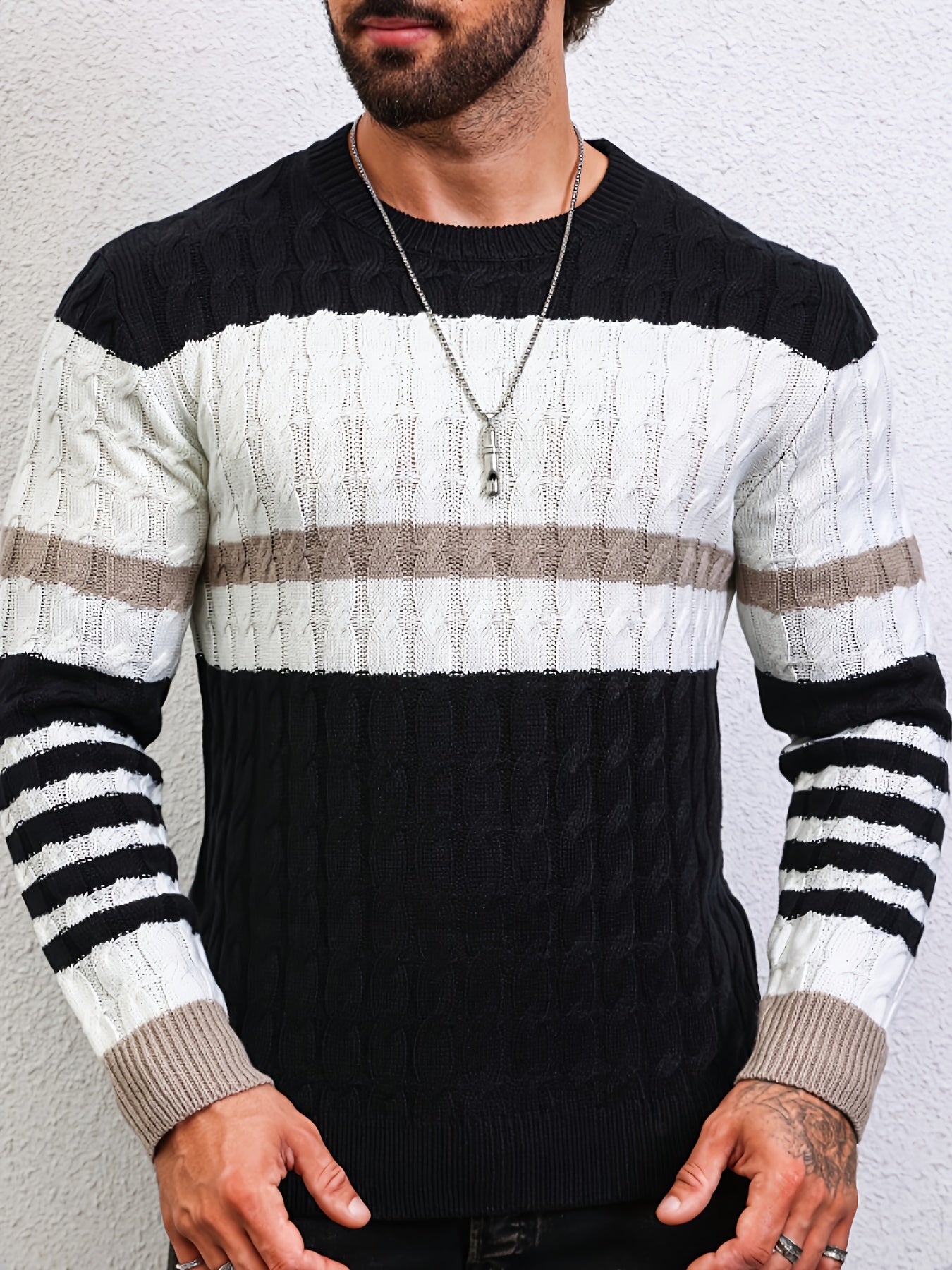 Stylish Color-Blocked Striped Cable-Knit Sweater