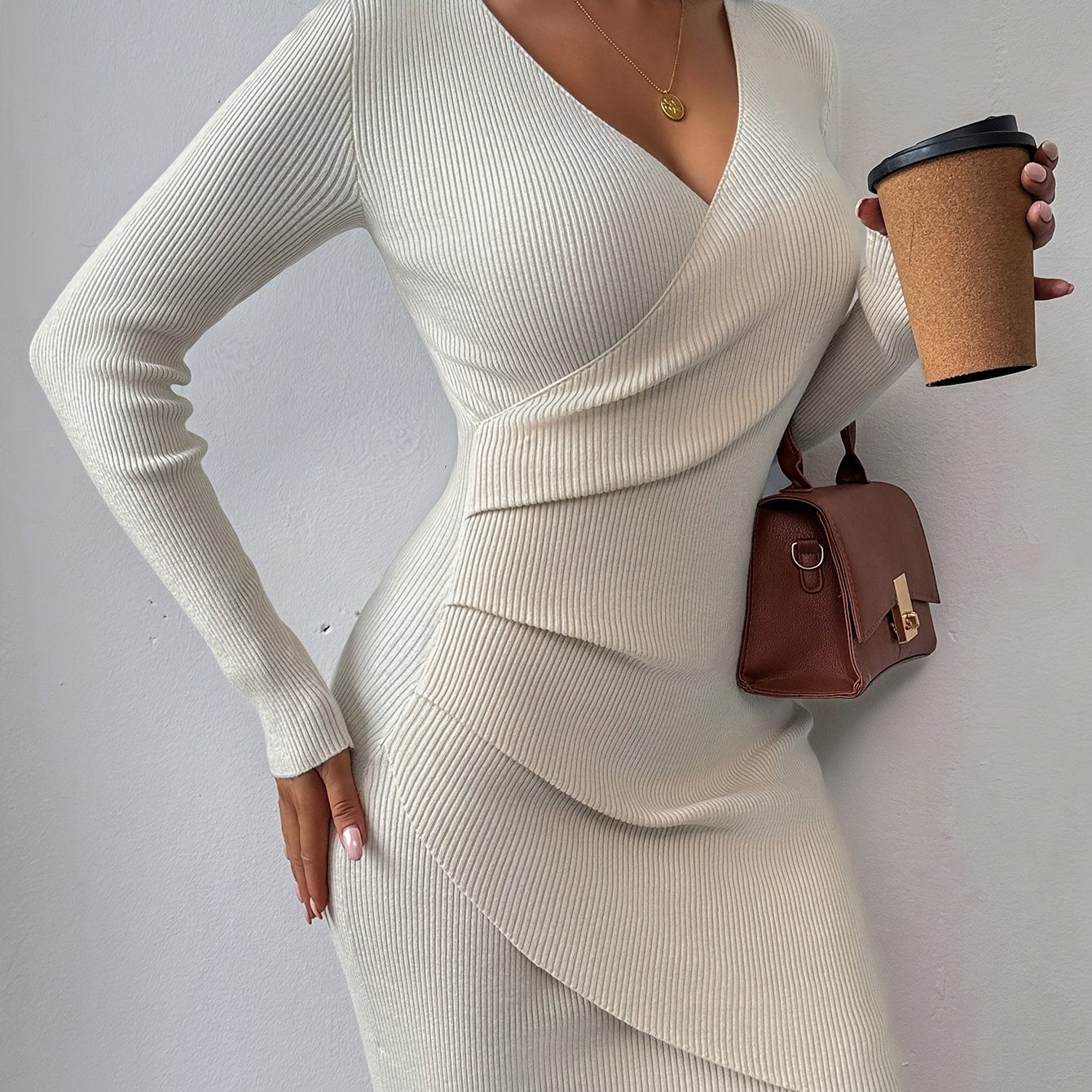 New Autumn and Winter Slim Fit V-Neck Dress Stretchy and Flattering Wrap Design, Elegant Solid Color Mini Dress for Work and Dates