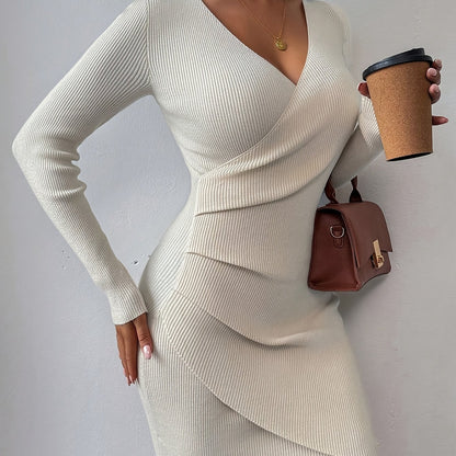 New Autumn and Winter Slim Fit V-Neck Dress Stretchy and Flattering Wrap Design, Elegant Solid Color Mini Dress for Work and Dates