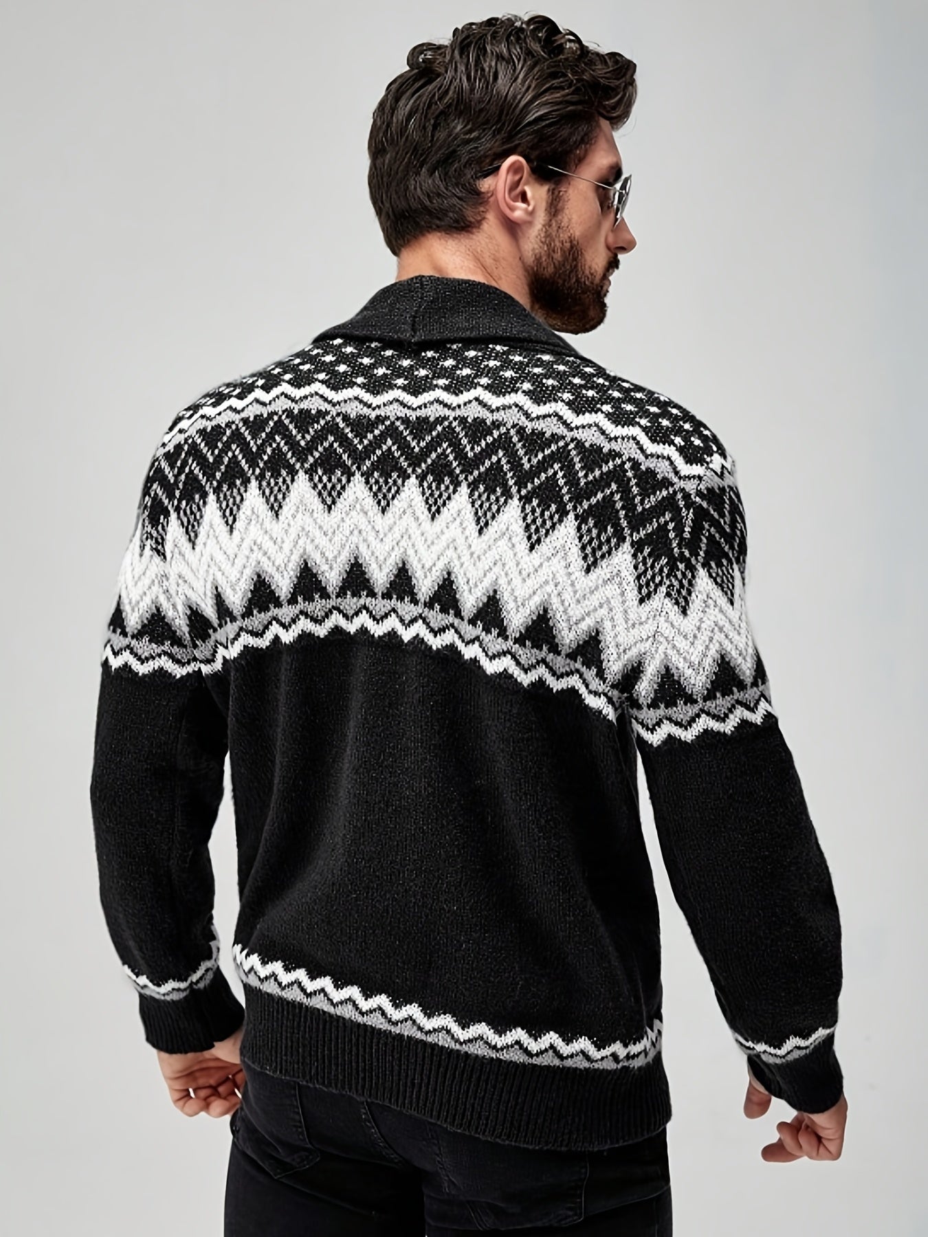 Men's Casual Geometric Pattern Cardigan Sweater - Navy Blue with White and Black Accents, Button-Up Collar, Machine Washable, Polyester for Fall/Winter