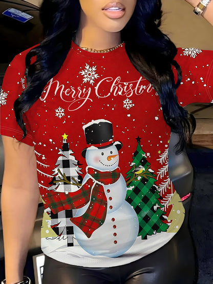 Plus Size, Women'S Plus Size Red Christmas T-Shirt with Snowman & Plaid Tree Design - Cozy Crew Neck Long Sleeve Pullover, Merry Christmas Lettering, Machine Washable Casual Winter Fall Top For Holiday Parties & Casual Attire