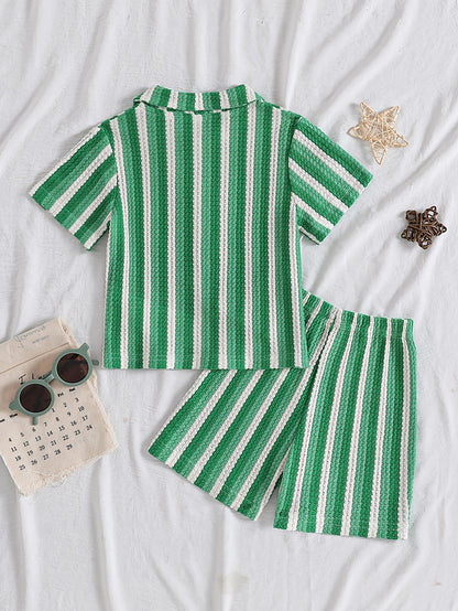 Boys' Summer Striped Waffle Knit Shirt & Shorts Set