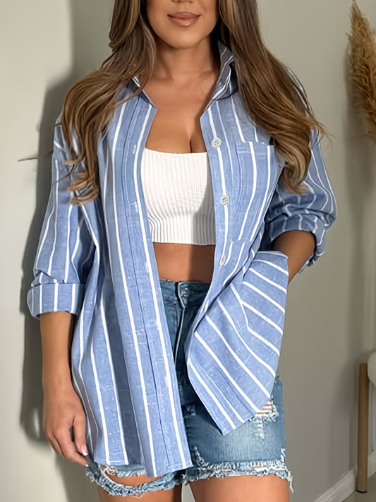 Casual Loose Striped Lapel Shirt with Pocket for All Seasons