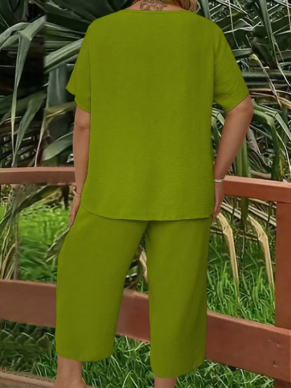 Women's Plus Size Suit, Elegant Solid Color Short Sleeve Top and Wide Leg Pants