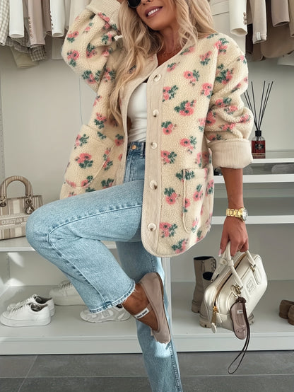 Women's Floral Print V-Neck Button-Front Coat with Pockets - Oversized H-Line Silhouette, Machine Washable Winter Jacket in Pink & Green, Casual to Semi-Formal Outerwear for Fall/Winter