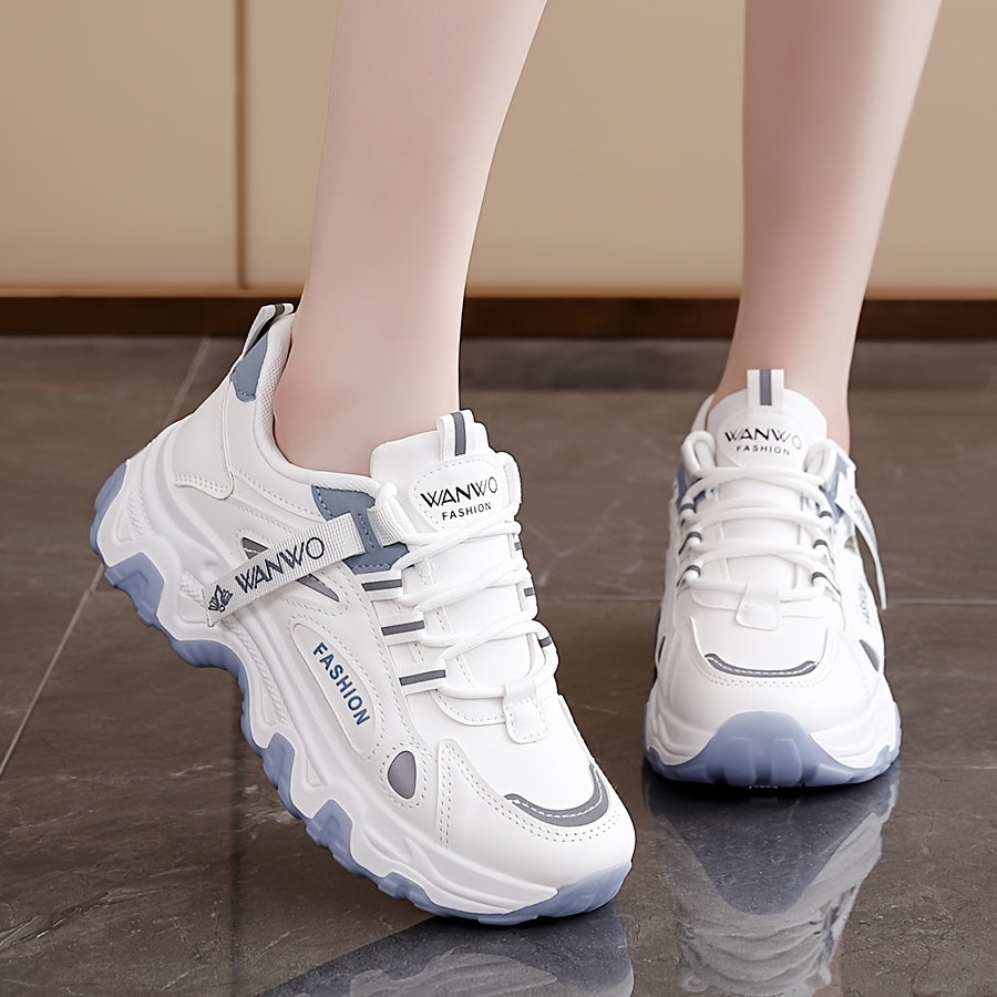 Women'S Fashion Sneakers - White Low-Top Lace-Up with Thick Sole, Stylish Tassel Detail, Lightweight All-Season Hiking and Walking Shoes, Casual Outdoor Footwear Trendy Casual Shoes Lightweight Footwear