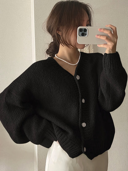 Women's Elegant V-Neck Button-Up Polyester Cardigan Jacket