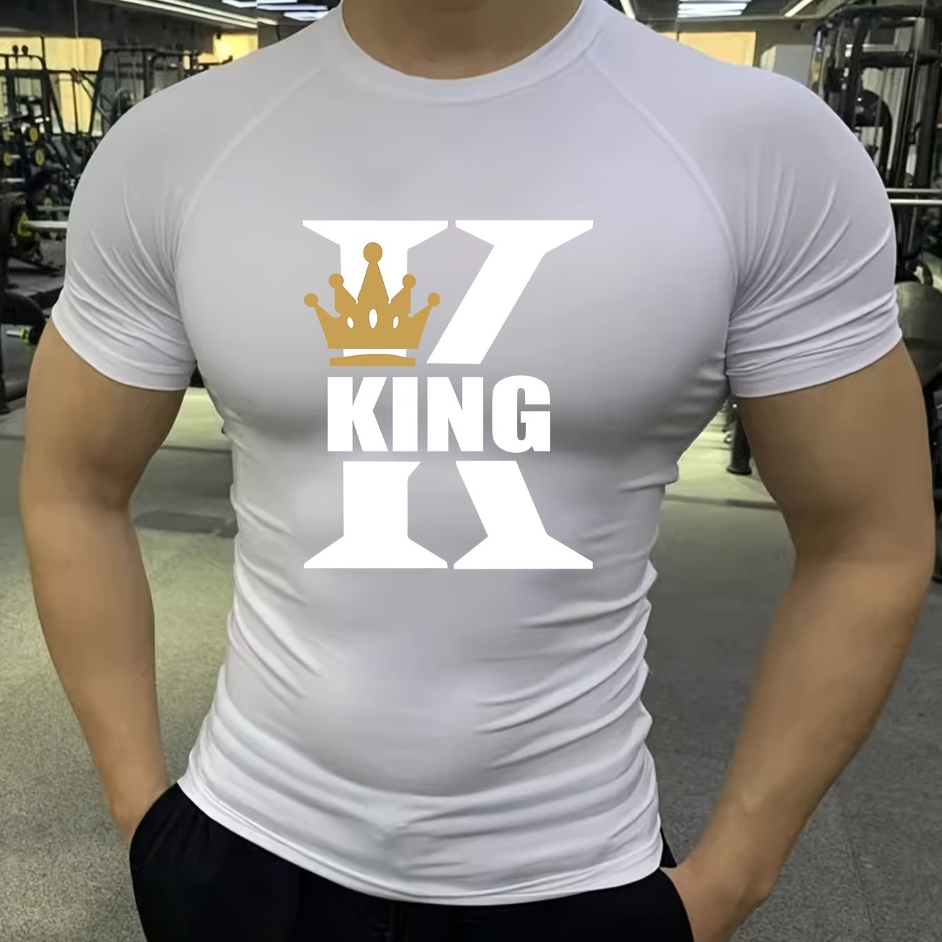 Men'S High-Elastic Breathable Short Sleeve Athletic Shirt - Summer Running  Training Top with "KING" Crown Print, High Stretch Microfiber, White, Gym Wear   Bold Design   Subtle Sheen Finish, Gym Wear Shirts