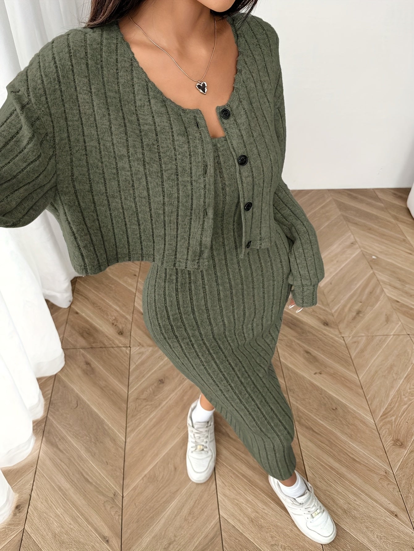 Women'S Autumn And Winter Outfit Featuring a Long-Sleeve Top with a Coat And a Camisole Dress in a Two-Piece Set.