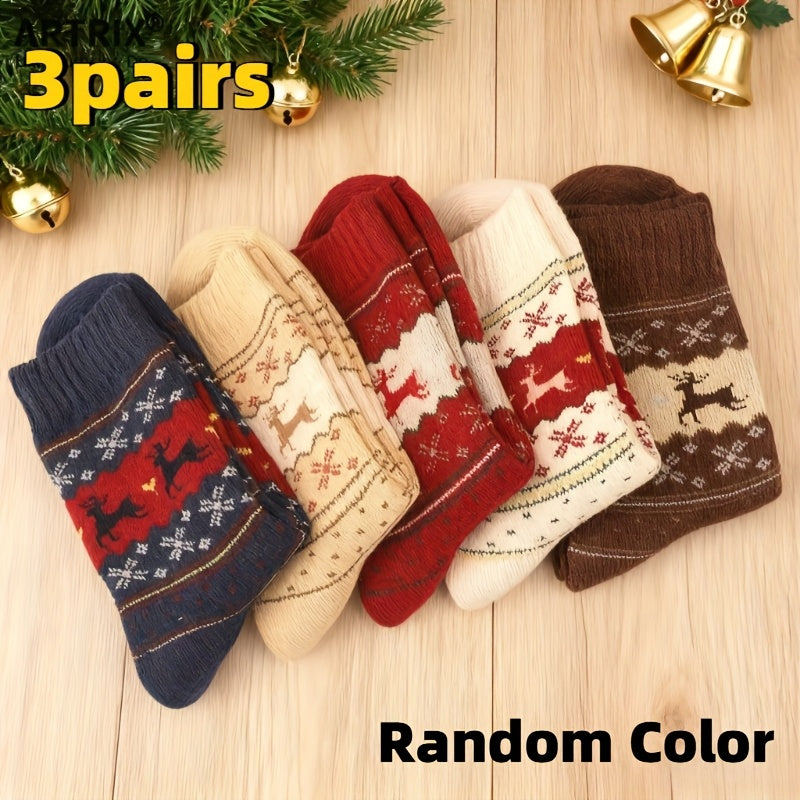 6pcs/3pairs Reindeer Print Thick Socks, Comfortable and Warm Christmas Mid-Calf Socks, Unisex Socks, Christmas Socks, Festive Socks, Cozy Socks, Warm Winter Socks