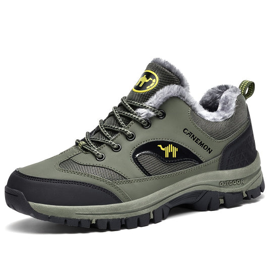 CANEMON Men's Low-Top Winter Snow Boots Sneakers - Olive Green & Black Traction Tires, Animal Print Design, EVA Cushioned Insole & Rubber Sole for Ice & Snow, All-Terrain Comfortable Walking Shoes