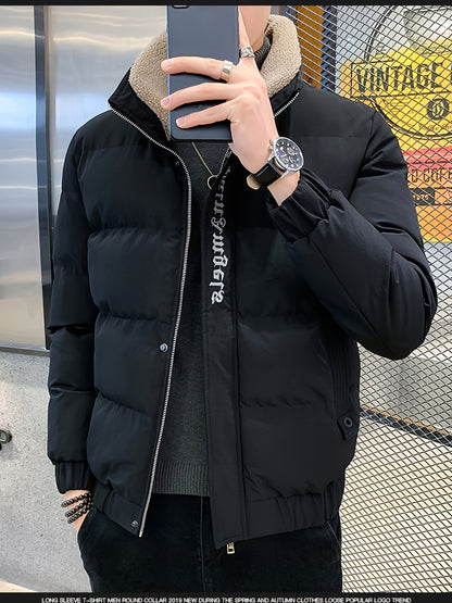 Men's Winter Jacket - Thick, Warm & Stylish with Zippered Cuffs and Pockets, Black, Casual Loose Fit for Cold Weather, Winter Clothes