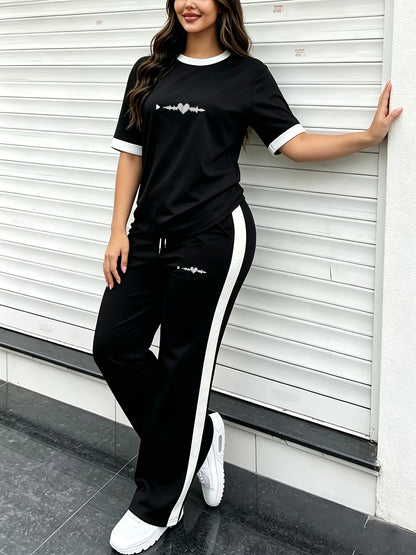 Women's Casual 2-Piece Set with ECG Print - Loose Fit Jogger Outfit