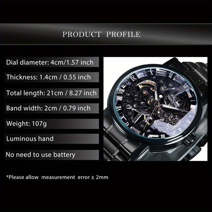 1pc T-WINNER Men'S Luxury Skeleton Automatic Mechanical Watch with Luminous Hands, Black Stainless Steel Strap & Roman Numerals - 3ATM High Quality, Business Casual Style, Includes Gift Box, Business Casual Watch | Skeleton W