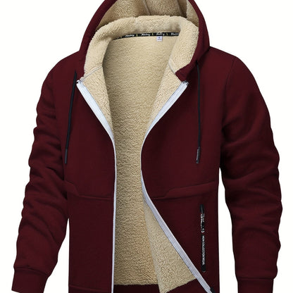 1pc Men'S Casual Style Hooded Jacket, Thick Fleece Lined, Warm