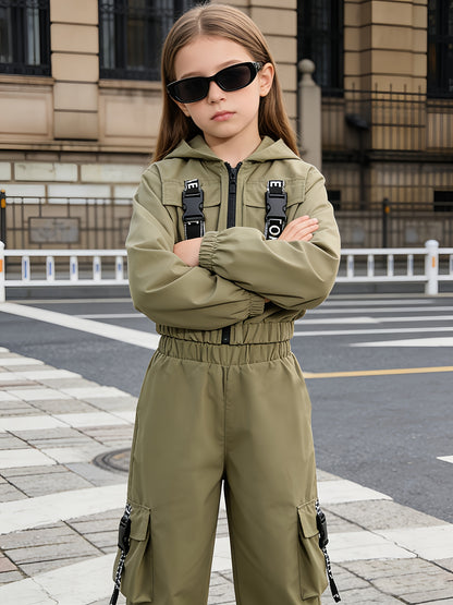 Girls' 2-Piece Streetwear Set with Hooded Jacket & Cargo Pants