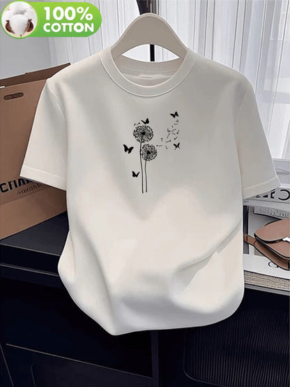 Women’s Cotton Casual T-Shirt with Dandelion & Butterfly Print