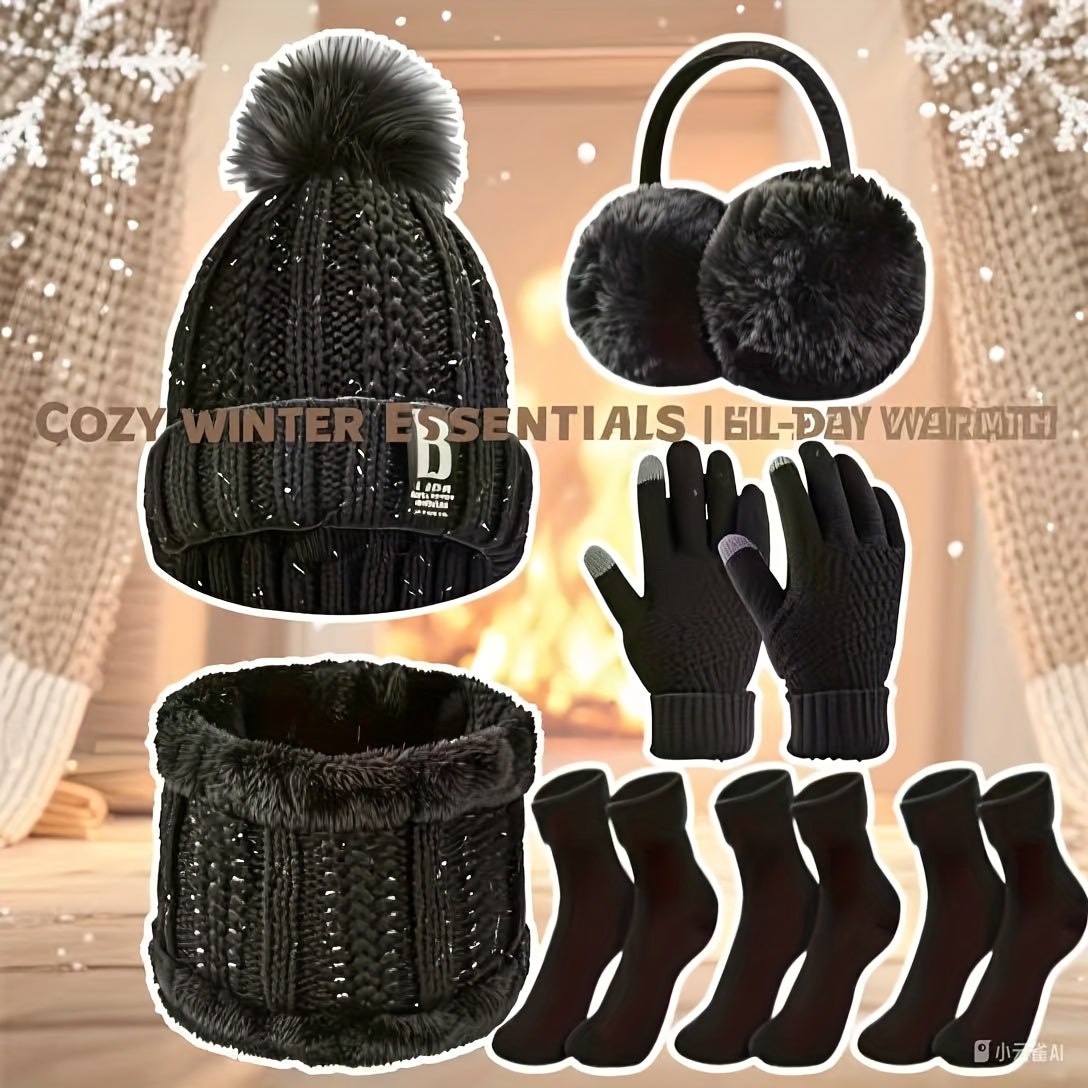 7pcs Winter Thermal Set - Heavy-Duty Cold Weather Outfit with Hat, Gloves, Plush Earmuffs, Thermal Socks - Full Set for Skiing, Snowboarding, Ice Skating, Winter Hiking - Burgundy/Black/White Color Options - Ideal Christmas G
