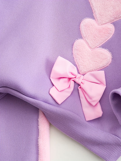 Autumn And Winter Girls' Fashion New Style Simple And Versatile Elegant Heart-Shaped Pattern Splicing Embroidery Bow Decoration Round Neck Long-Sleeved Top + Slim Stretch Leggings Casual Sports Two-Piece Set, Suitable for Out