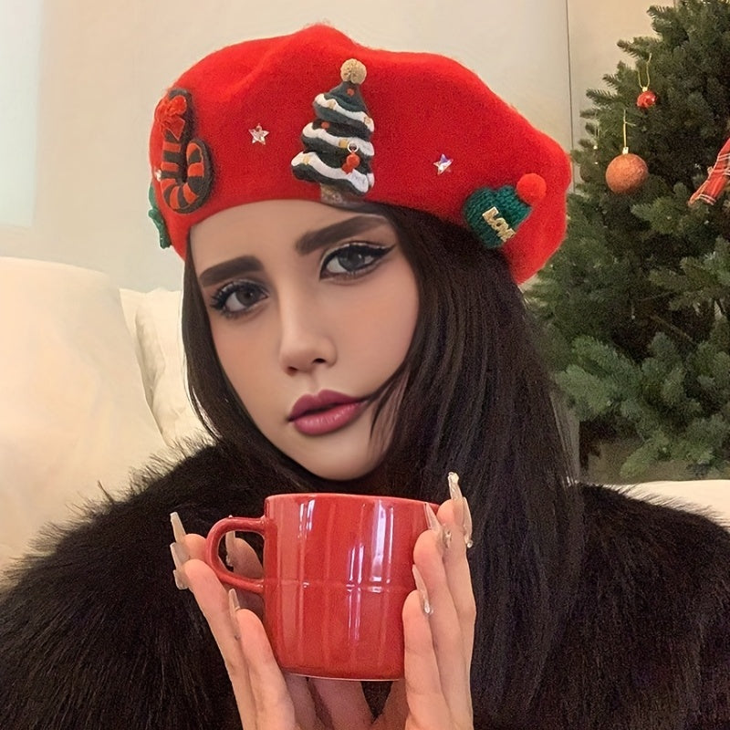 Women's Red Christmas Beret Hat with 3D Christmas Tree Decorations - Elastic Drawstring Closure, Lightweight Warm Winter Hat for Holiday Parties, Photo Shoots, Valentine's & New Year's Eve - Festive Movie-Inspired Fashion Acc