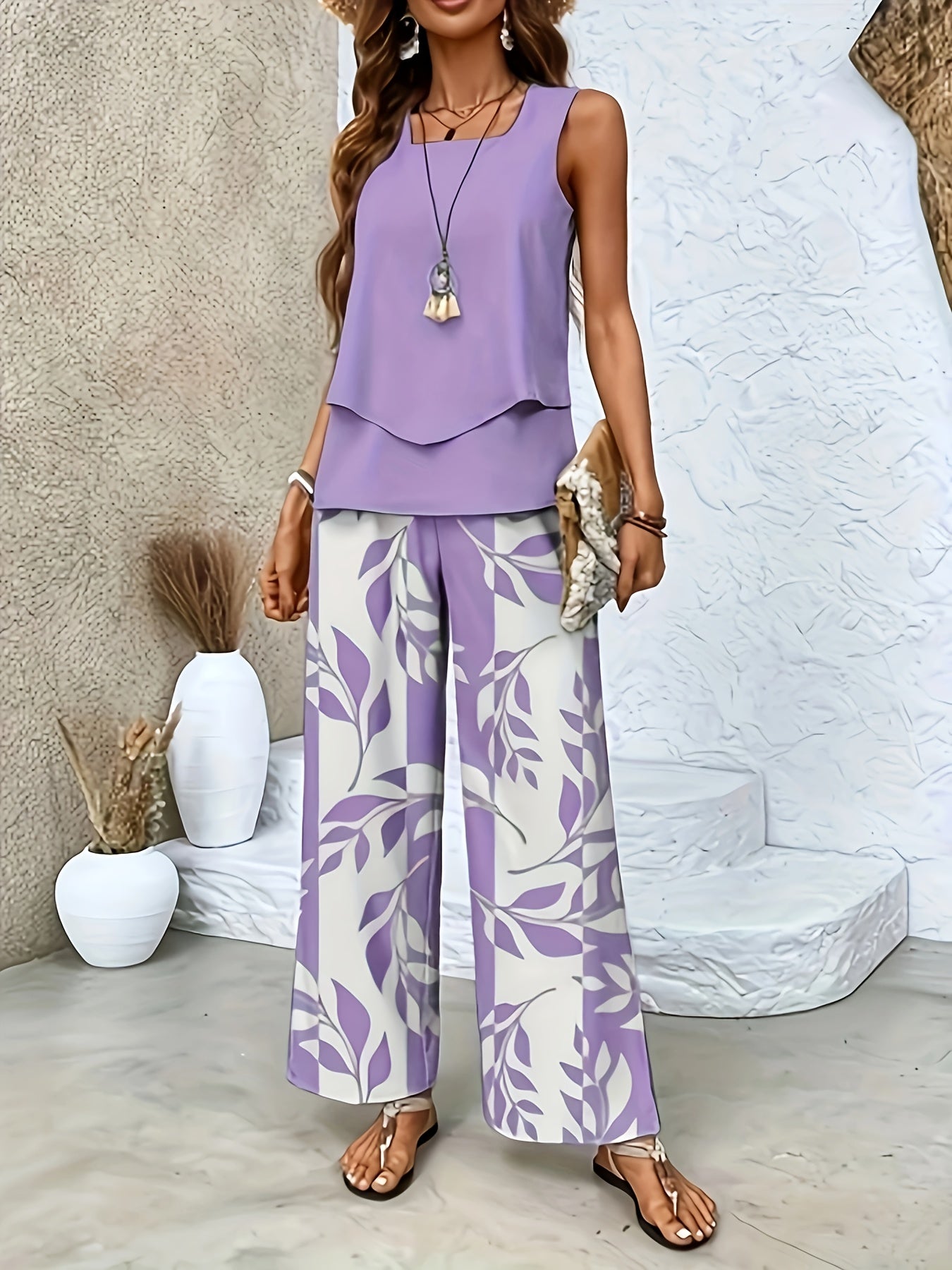 Elegant Sleeveless Cardigan and Floral Pants Set for Spring