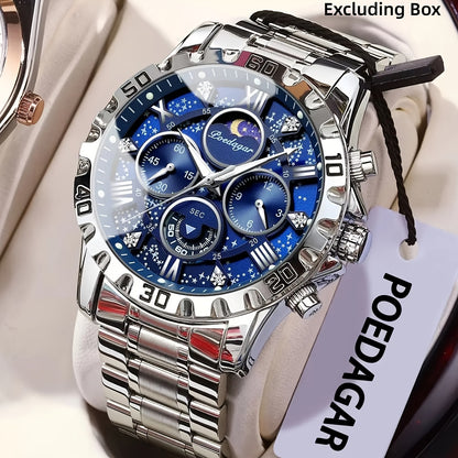 POEDAGAR Men's Casual Stainless Steel Quartz Watch with Calendar