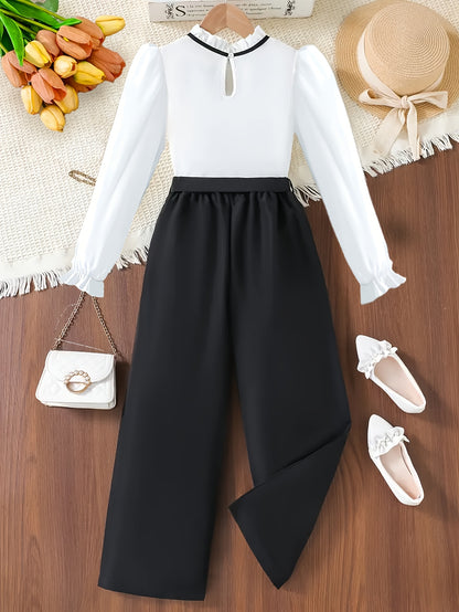 Girls' Fall/Winter Long-Sleeve Top & Wide-Leg Pants Set