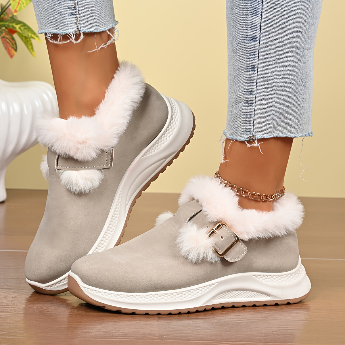 Women's Plush Winter Snow Boots with Faux Collar & - Slip-On/Lockable Ankle Strap, Cushioned PVC Sole - Grey/Lavender Synthetic - Warm Cozy Shoes for Ice, Snow, Indoor/Outdoor (Wide Widths Available) - Ideal, Winter Boots For