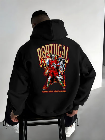 Men's Casual Hooded Pullover with Portugal Football Print
