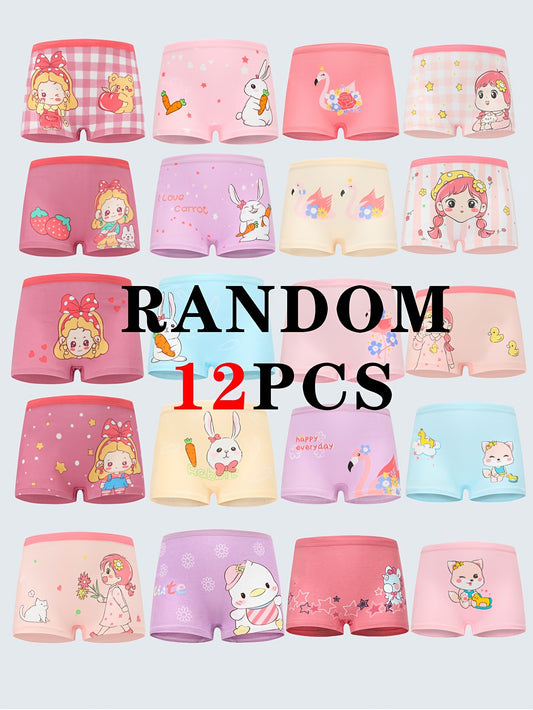 Girls' Cotton Boxer Briefs with Cute Cartoon Prints - 12pcs