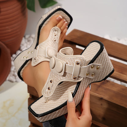 Women's Thick Platform Wedge Sandals with Metallic Studs - Slip-On Square Toe Breathable Fabric Upper  Cushioned Rubber Sole for Casual Comfort, Comfortable Footwear, Chic Shoe Design, Durable Traction Footwear