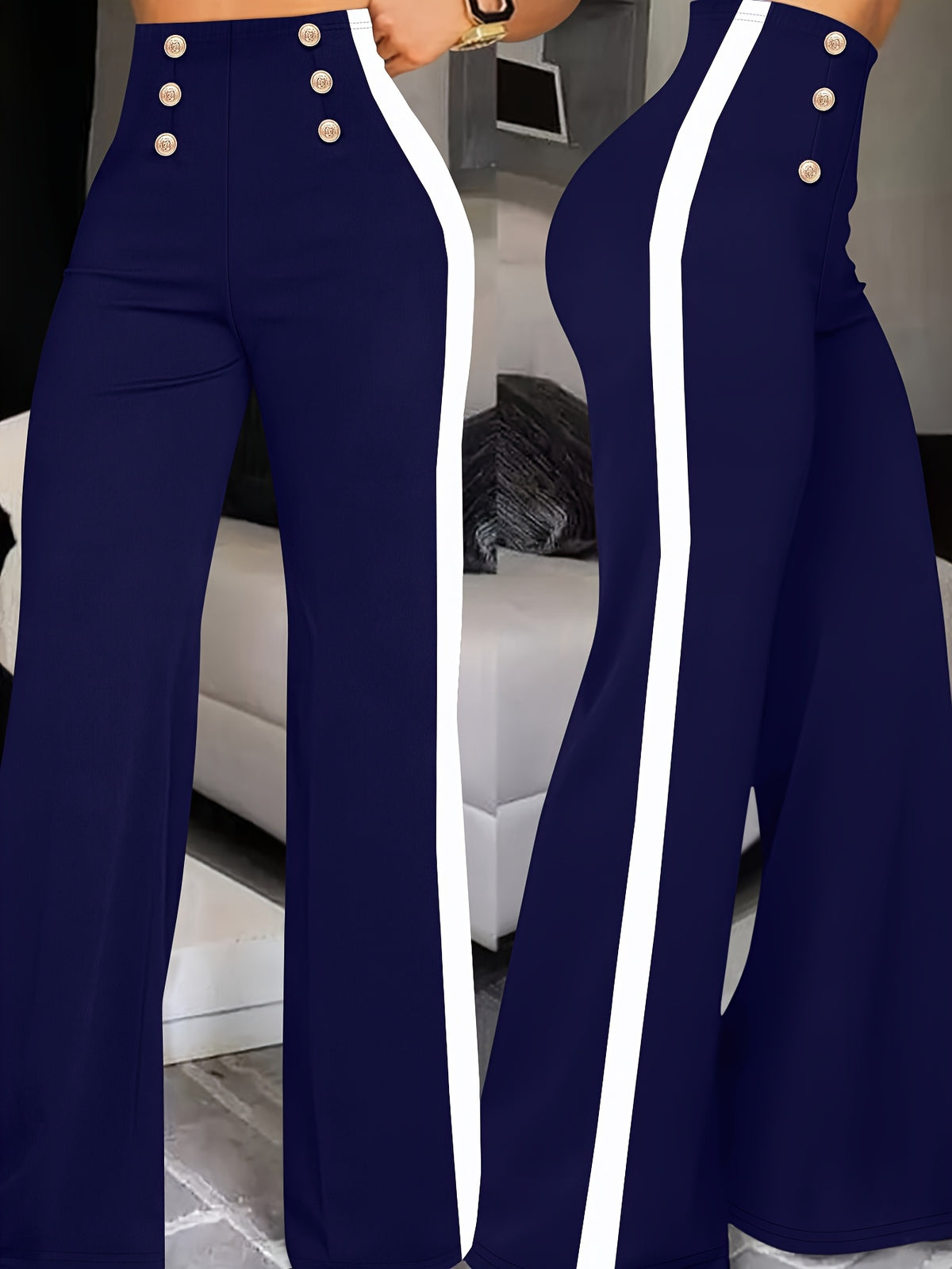 Women's Wide-Leg Casual Trousers with Side Stripe and Button Detail