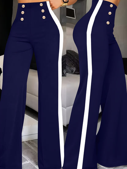 Women's Wide-Leg Casual Trousers with Side Stripe and Button Detail