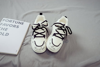 Women's White Mid-Top Sneakers with Bear  Heart Stripes Design - PU Cover  Upper, Thick Cushioned PVC Sole - Trendy Casual Shoes for All-Season Comfort