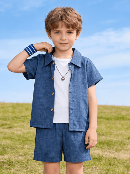 Boys' Summer Button-Up Shirt & Shorts Set - Casual Solid Color