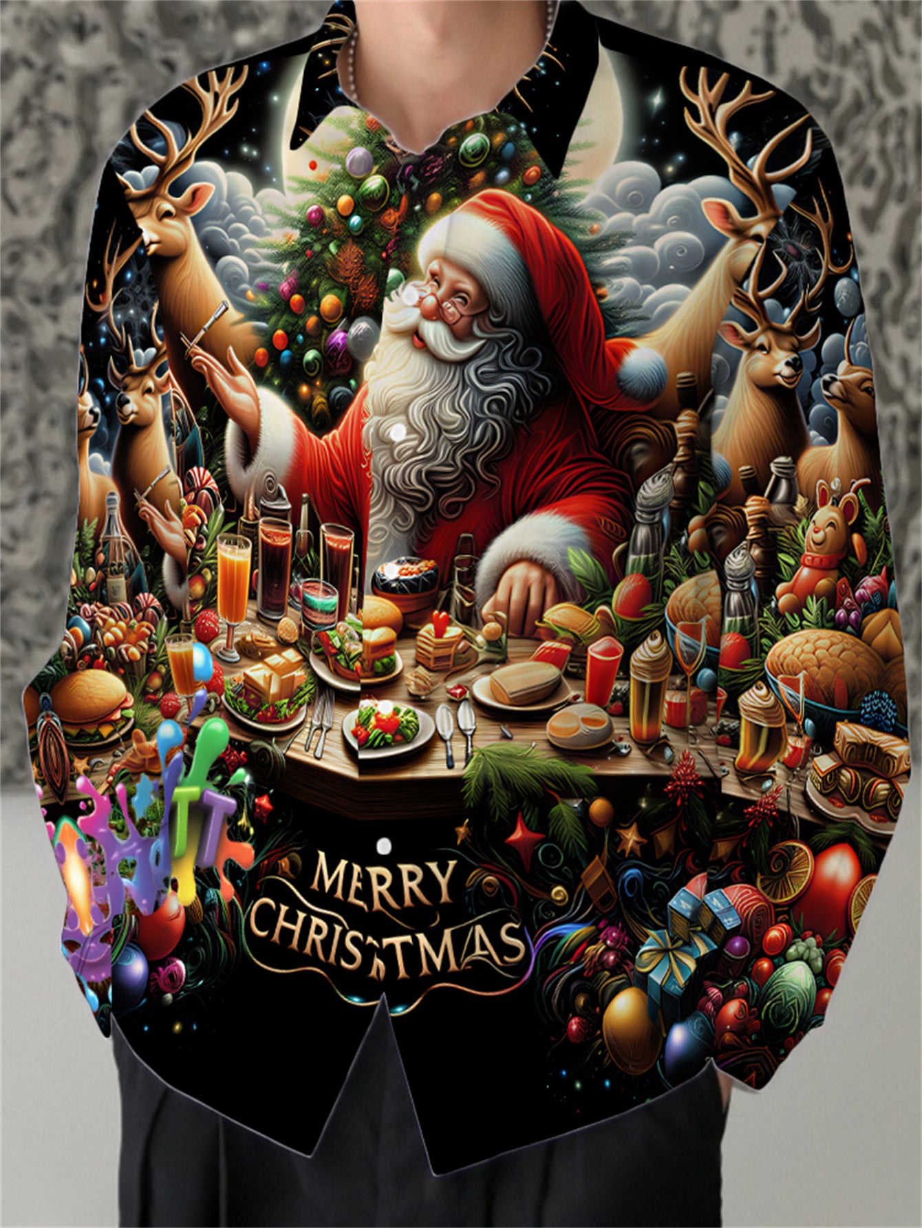 Men's Christmas Santa Claus & Reindeer Print Collar Long Sleeve Shirt - Full-Zipper-Free Button-Front Closure, Non-Stretch Holiday Party Costume or Casual Wear, Machine Washable Festive Attire with All-Over Christmas Motifs (