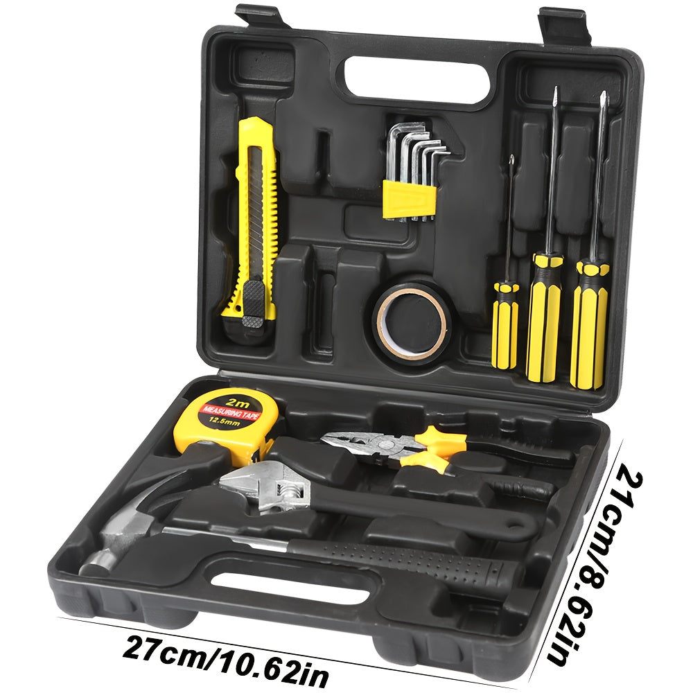 15pcs Heavy-Duty Toolbox & Tool Set with Plastic Case, Hammer, Vise-Grip Style Pliers, Wrench & Screwdriver Suitable for Repair & Car Maintenance - No Assembly Required