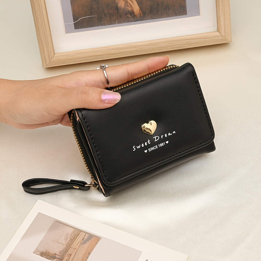 New Women'S Short Wallet, Cute Korean-Style Heart-Shaped, Large Capacity with Multiple Card Slots, Trendy Tri-Fold Design.