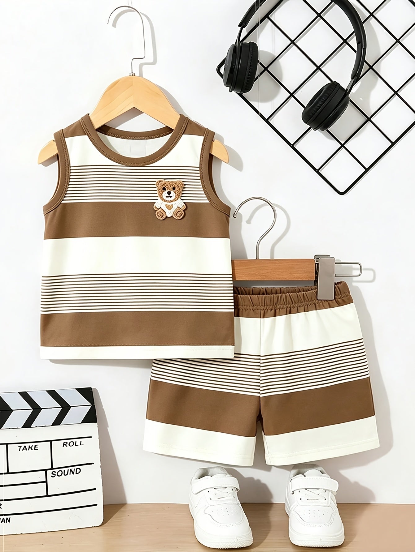 Baby Boy Summer Cartoon Bear Sleeveless Tank Top & Shorts Set